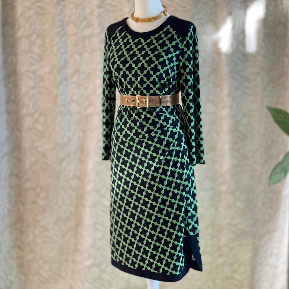Donna Morgan Mod Green Navy Medallion Print Dress Zip Shoulder Modest Size 6